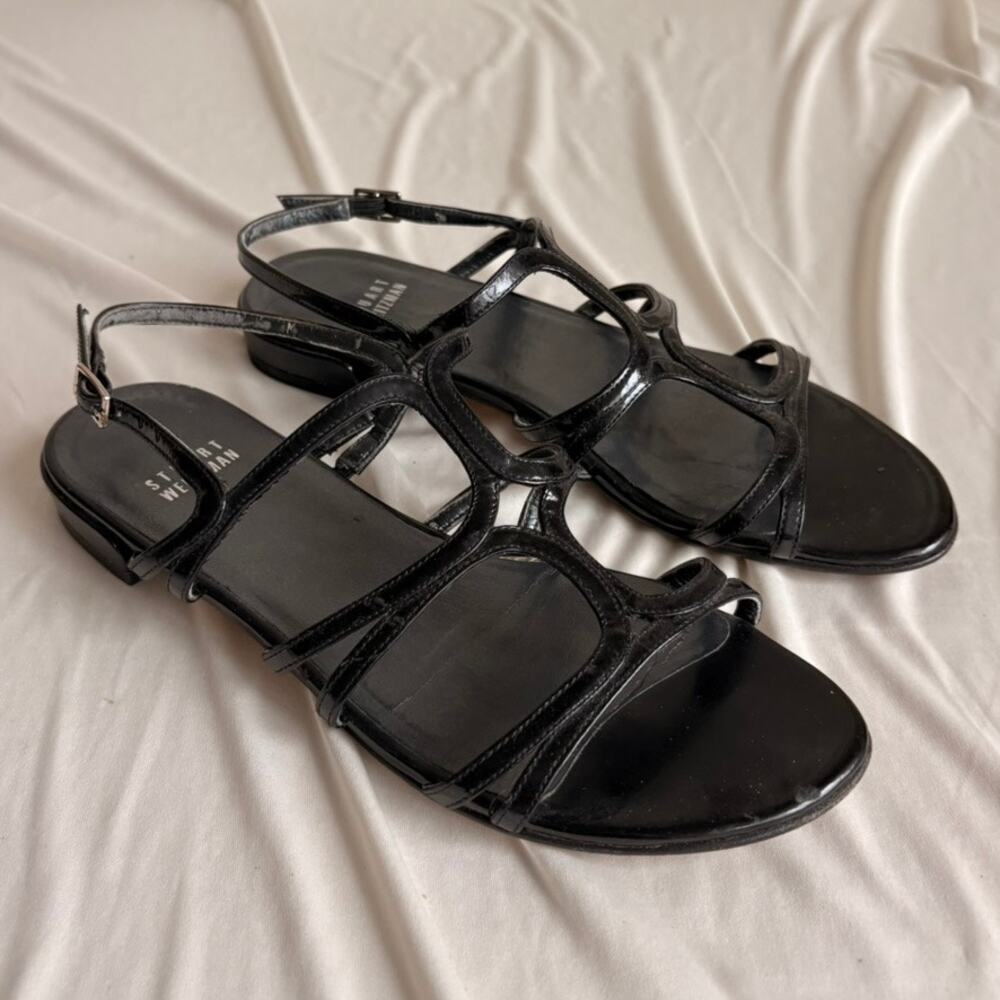 Stuart Weitzman Black Patent Leather T-Strap Flats - Size 7.5